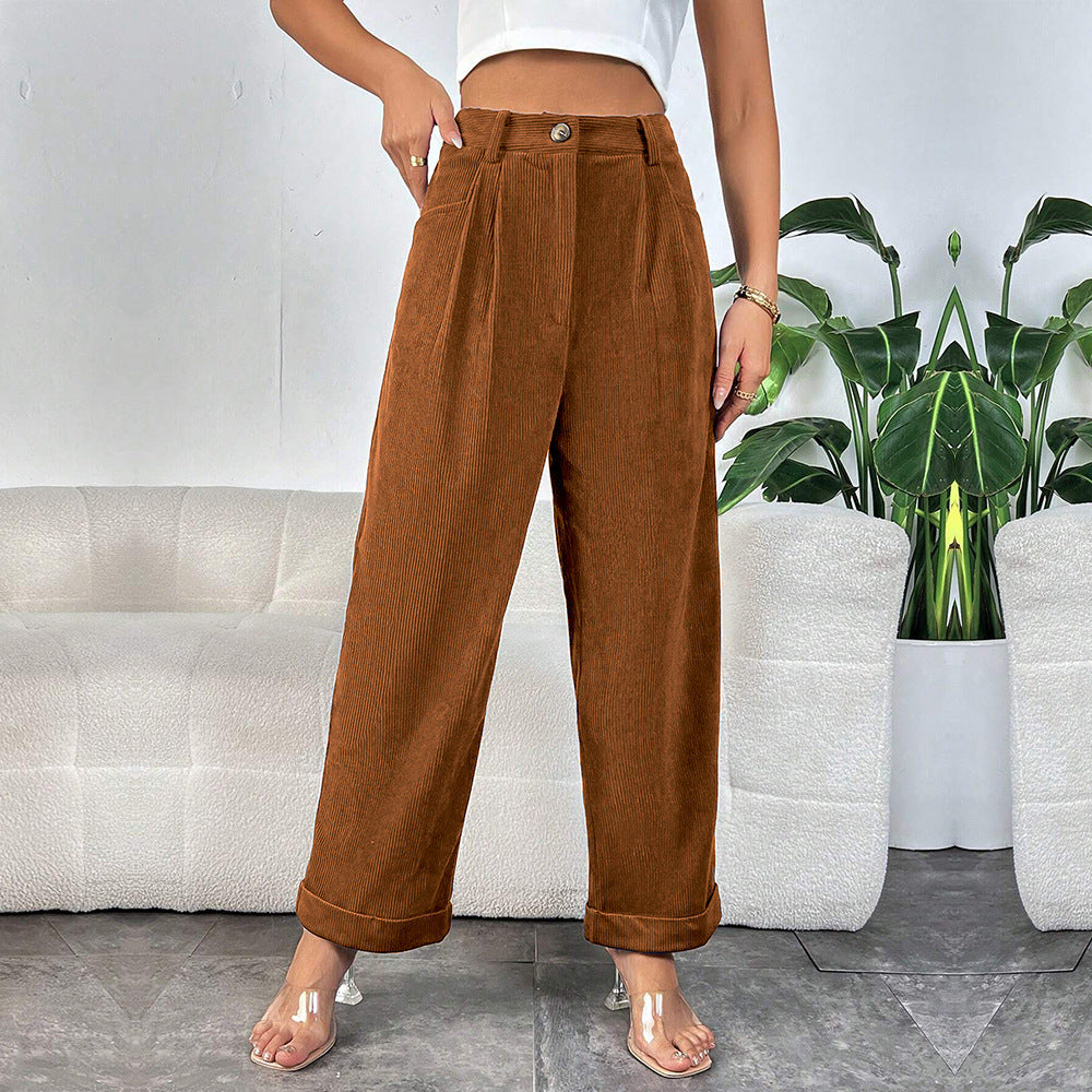 Corduroy High Waist Pleated Straight Leg Pants