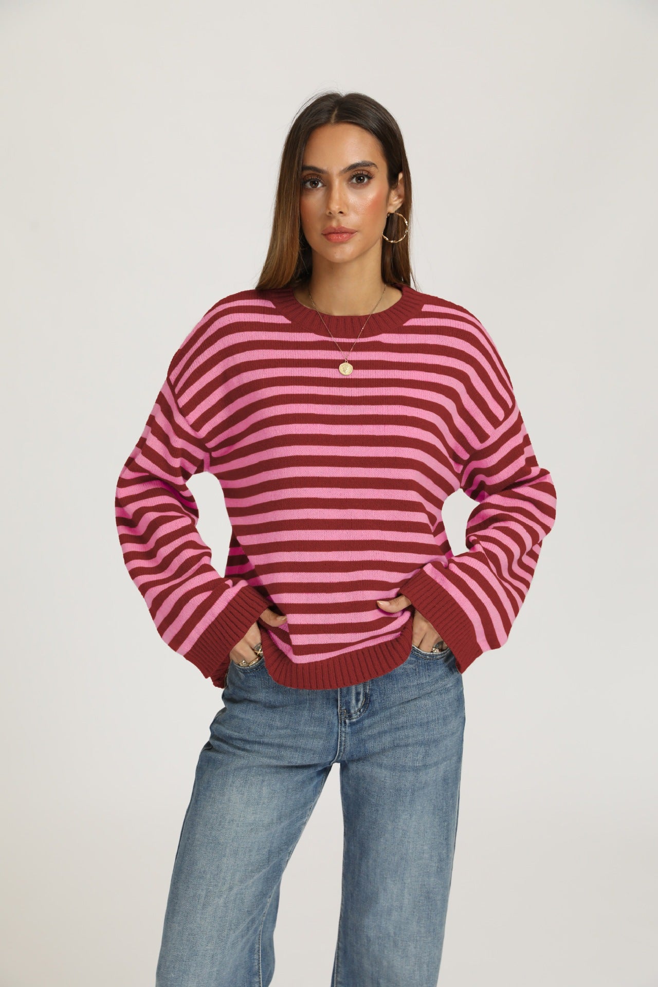 Striped Oversized Crew Neck Knit Sweater Casual Pullover