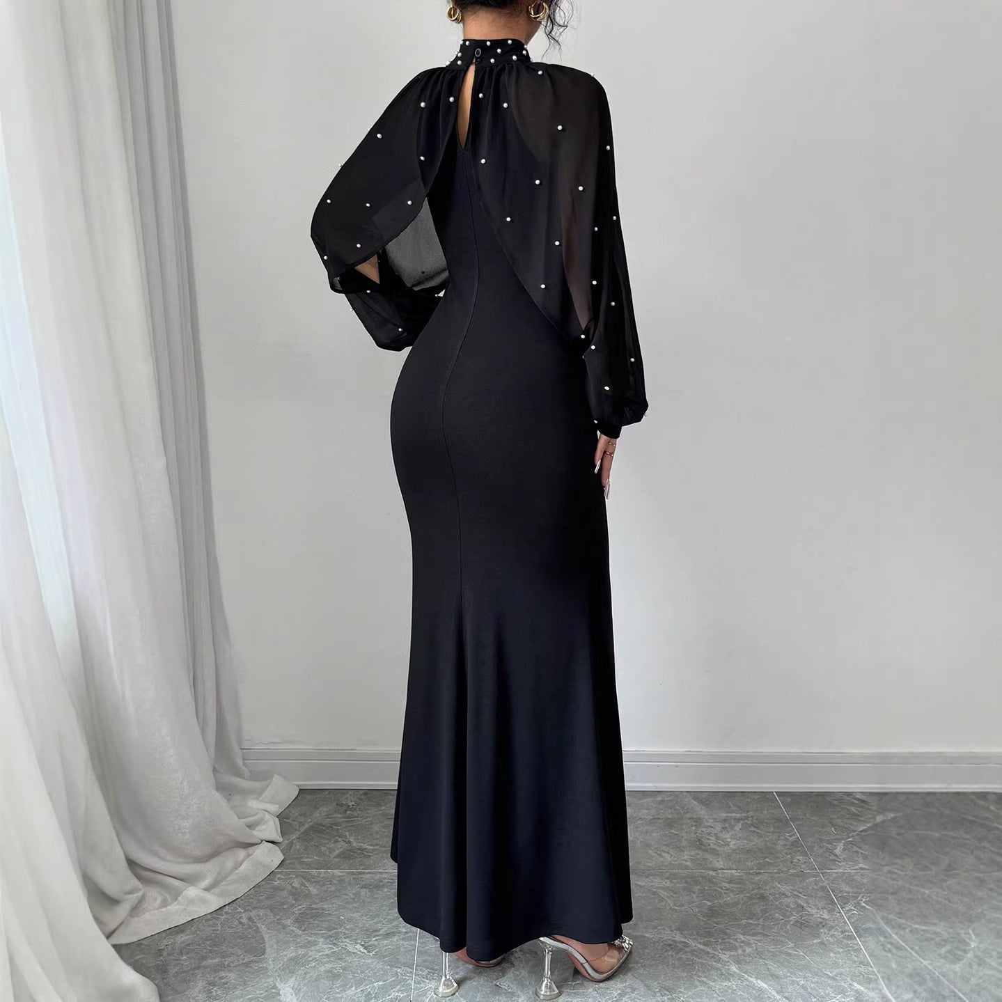 Black Pearl Embellished Sheer Sleeve Mermaid Maxi Dress
