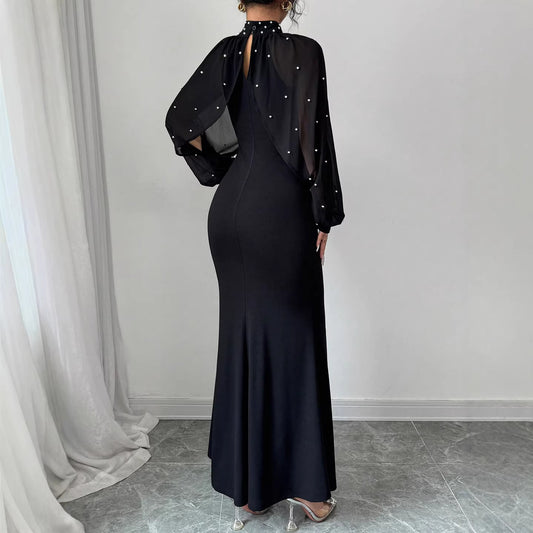 Black Pearl Embellished Sheer Sleeve Mermaid Maxi Dress