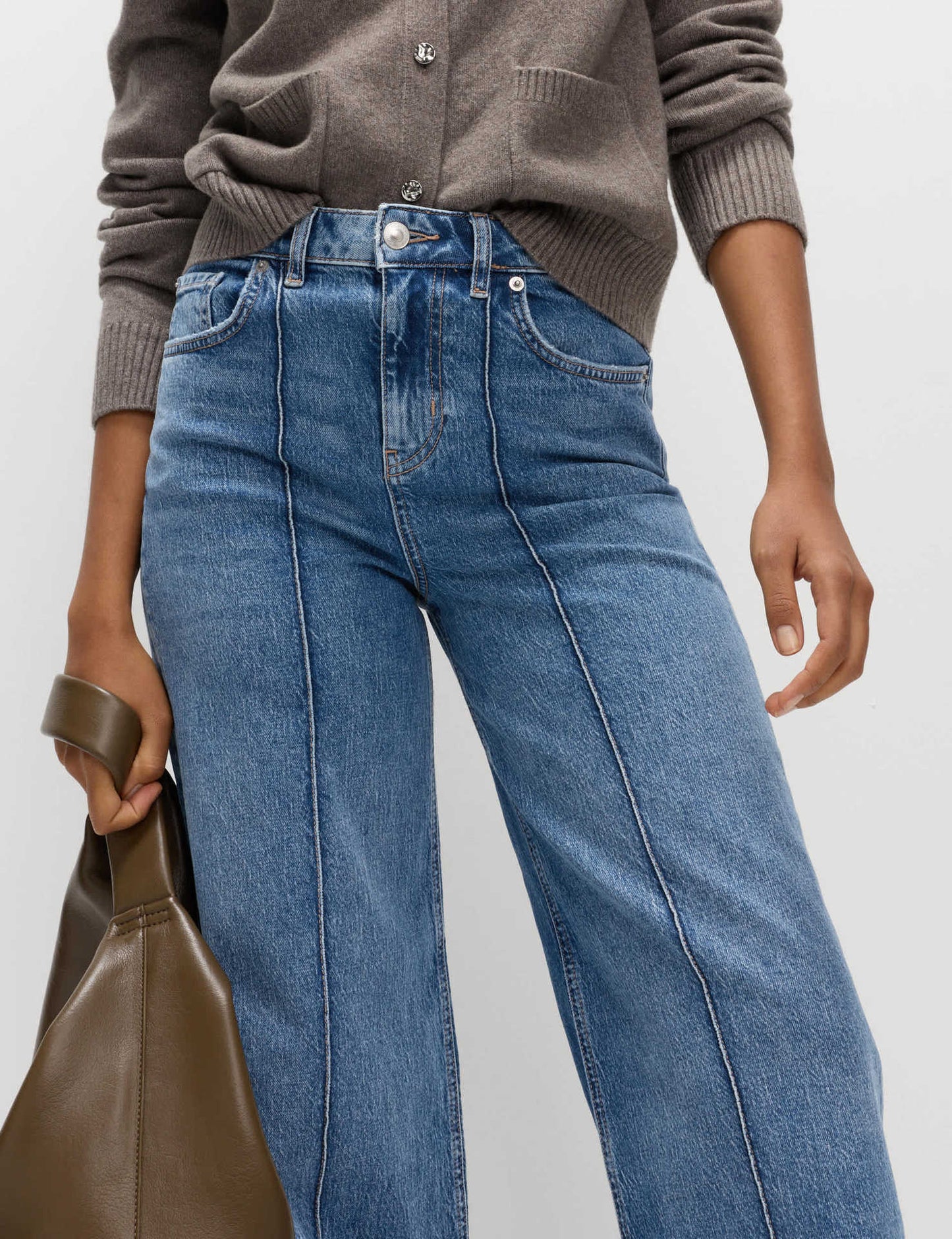 High Rise Seam Detail Wide Leg Denim Jeans