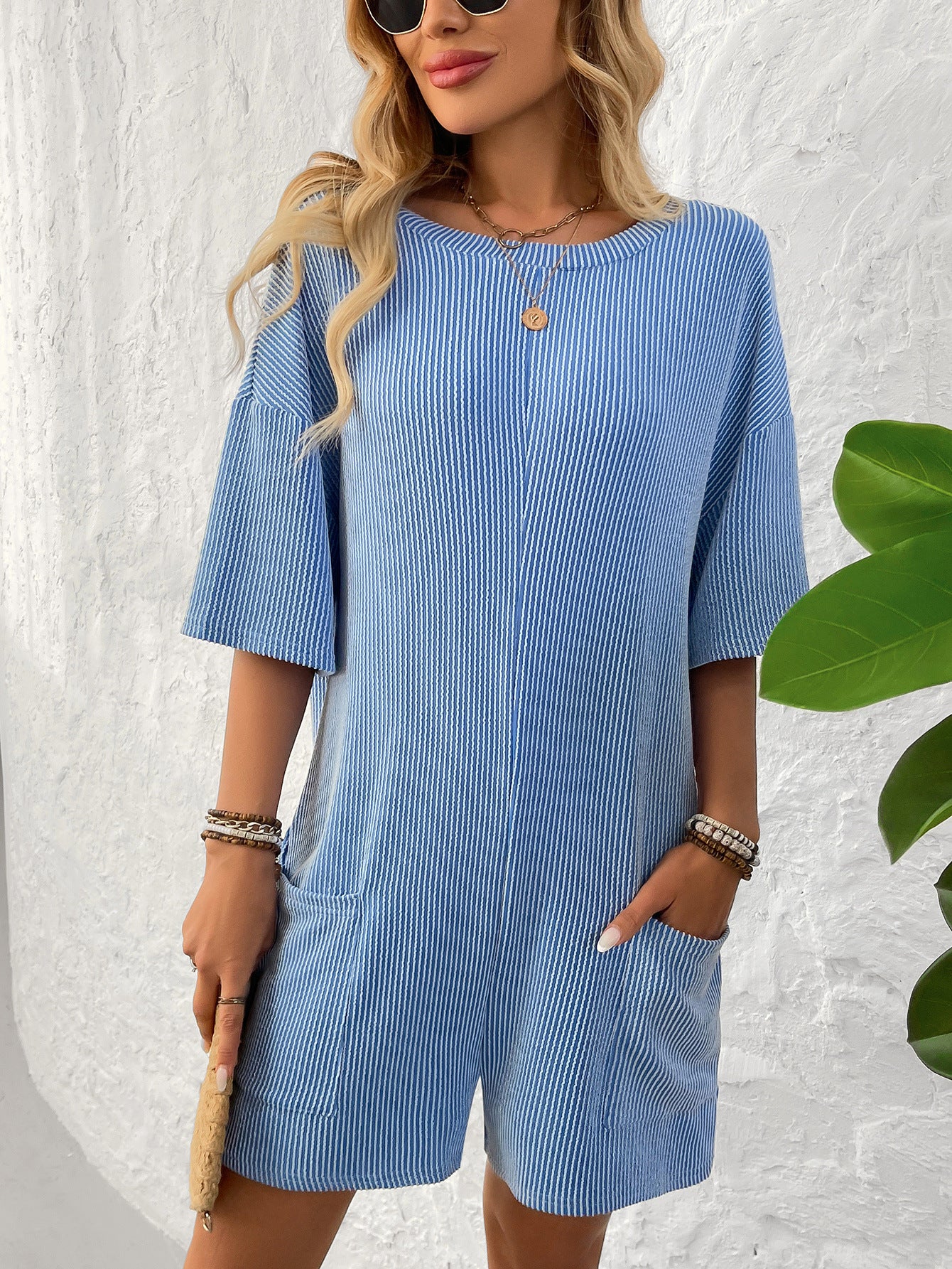 Womens Striped Romper Loose Fit Short Sleeve Jumpsuit