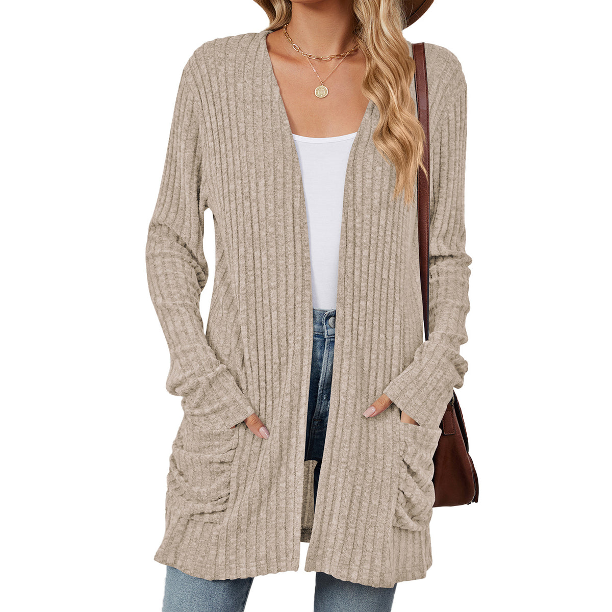 Women's Long Ribbed Open Front Cardigan with Pockets