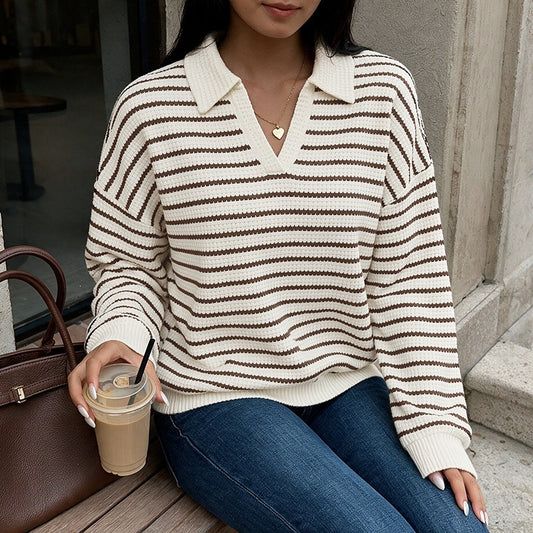 Women's Oversized Striped Waffle Knit Collared Sweater