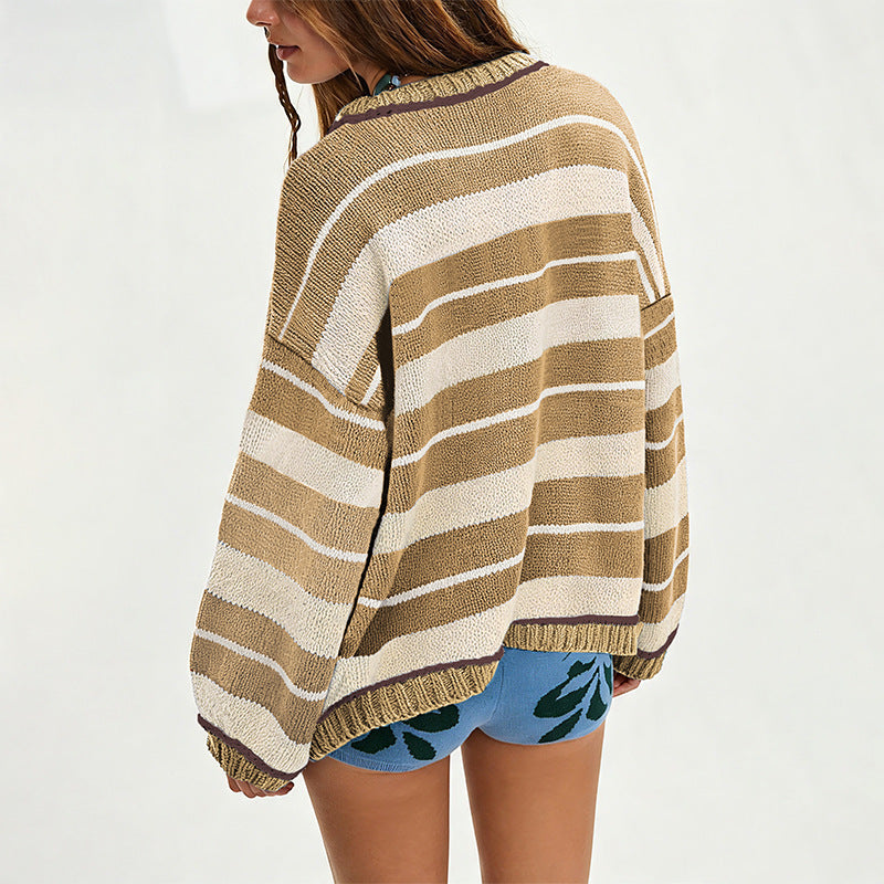 Women's Oversized Striped Crew Neck Knit Sweater