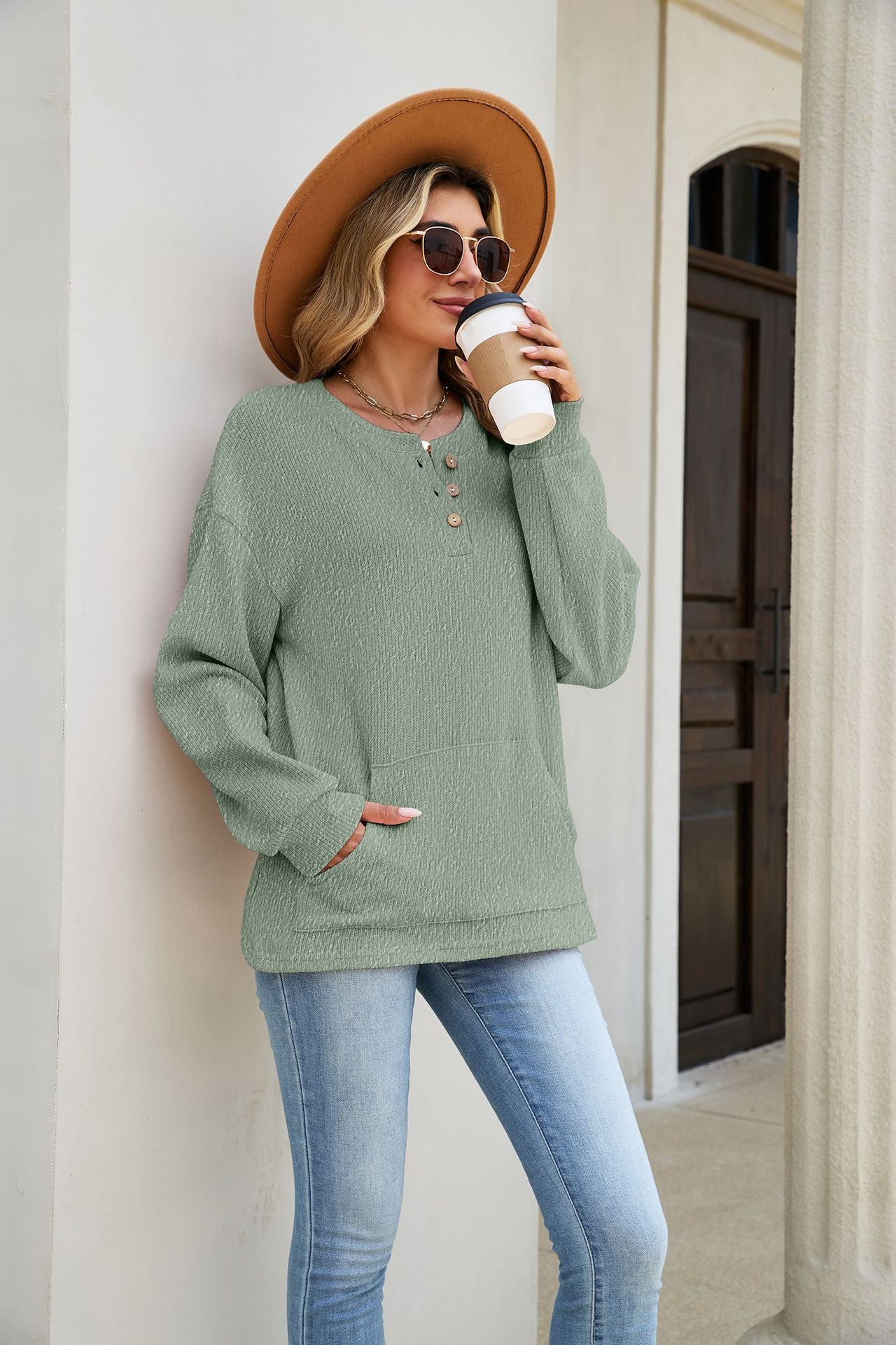 Women's Waffle Henley Pocket Sweatshirt Long Sleeve Oversized