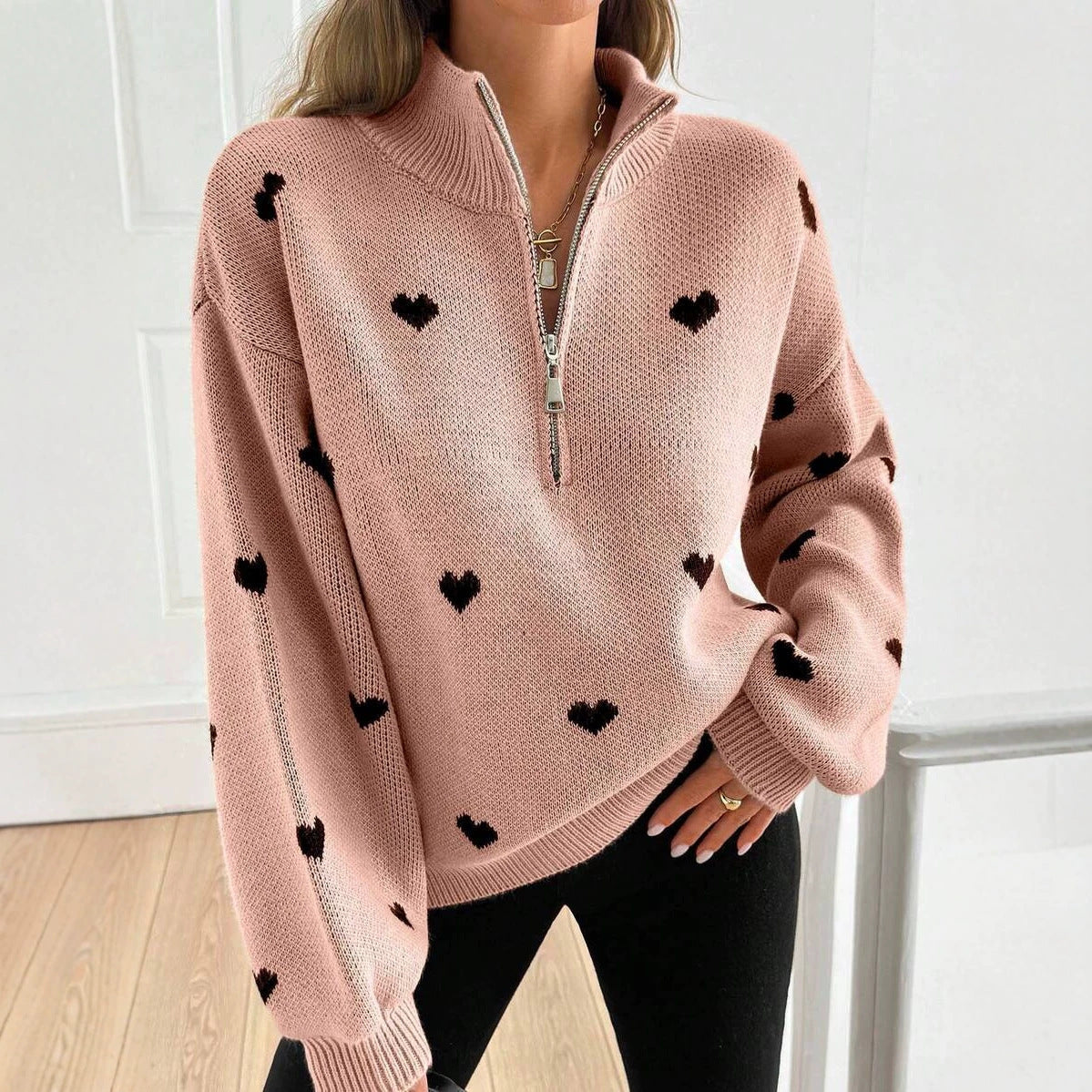 Half Zip Sweater with Heart Print, Oversized Knit Pullover