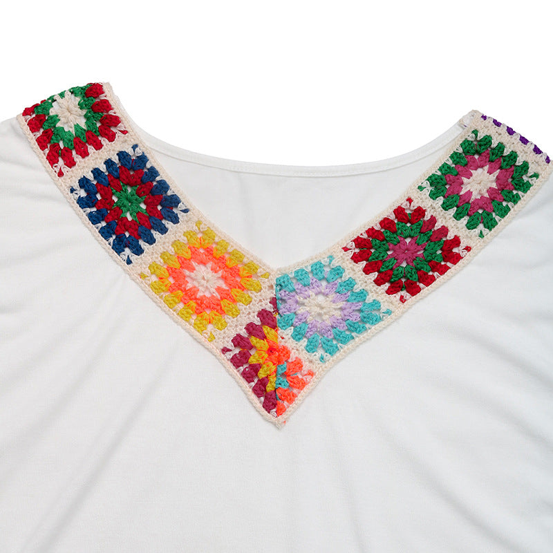 V Neck Boho Crochet Patchwork Tee with Short Sleeves