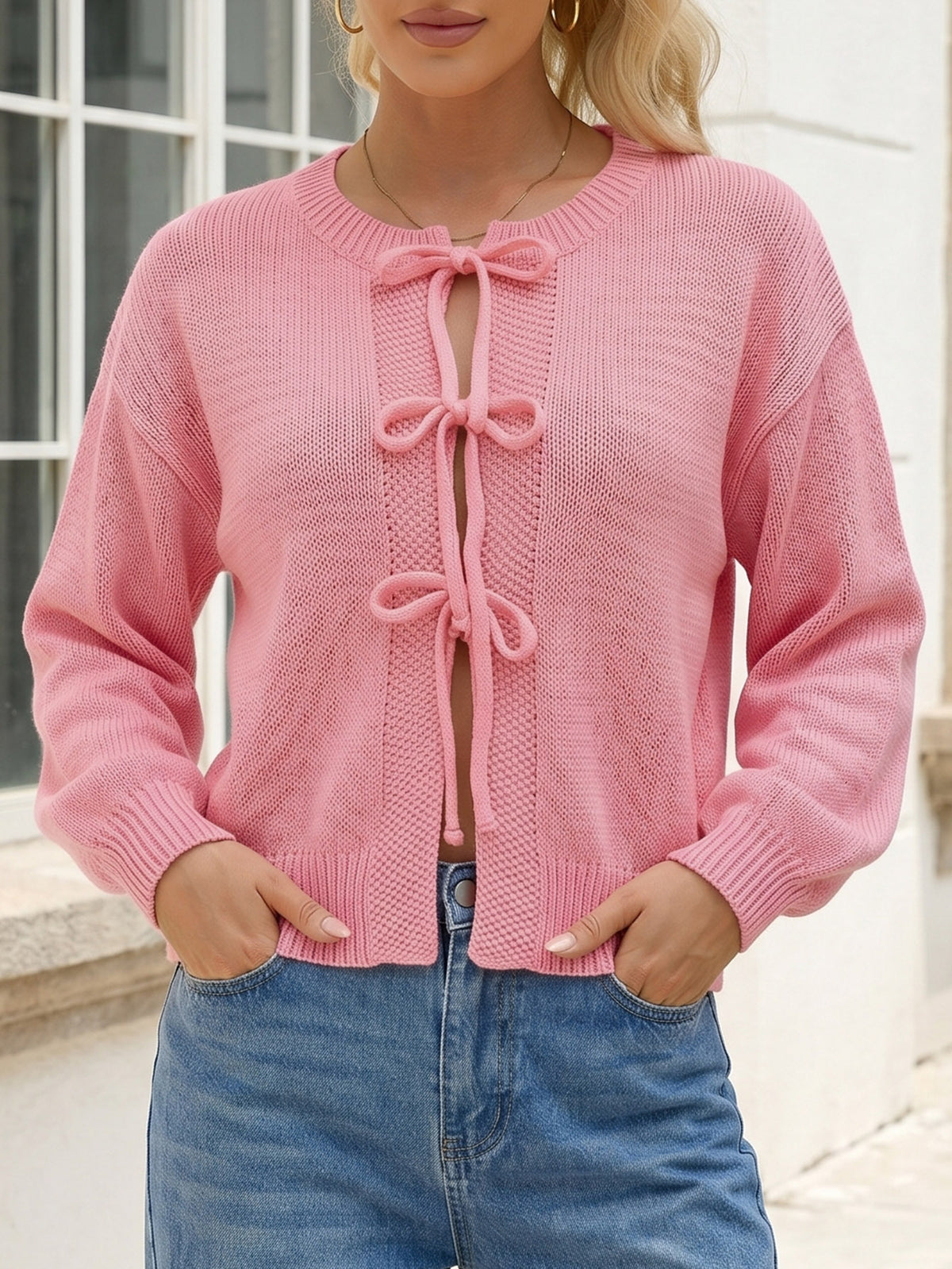 Women's Bow Front Crew Neck Knit Cardigan Sweater
