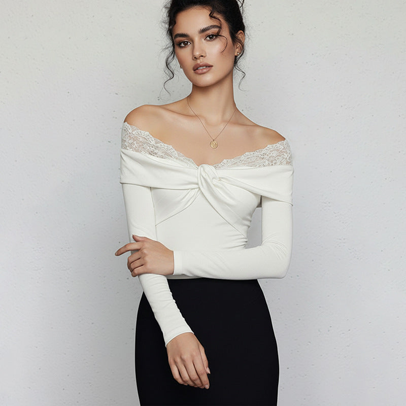 Off Shoulder Lace Trim Long Sleeve White Bodysuit