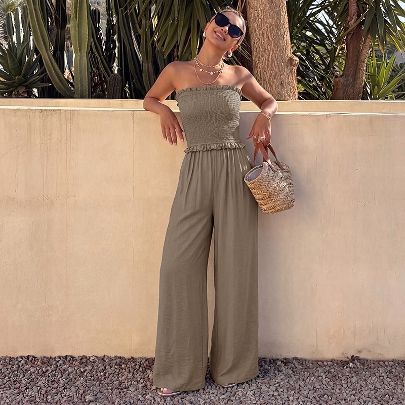 Solid Rayon Jumpsuit Resort Strapless Smocked Wide Leg