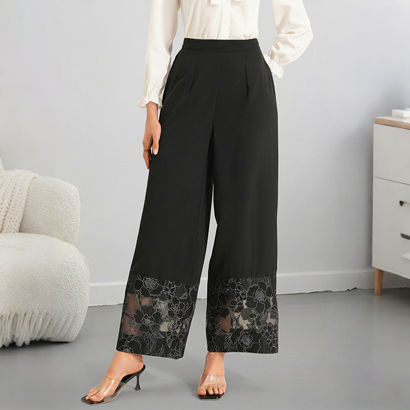 2026 Solid Straight Leg Pants with Lace Hem Detail