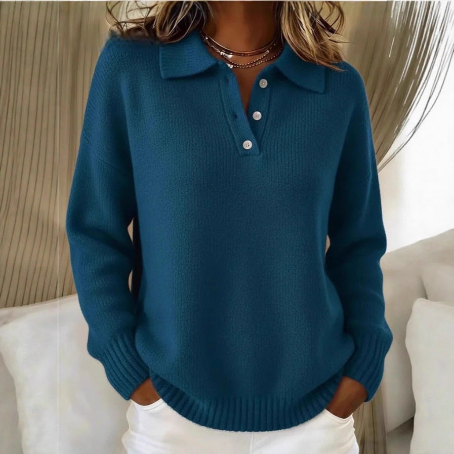 Polo Collar Knit Sweater Button Placket Relaxed Fit