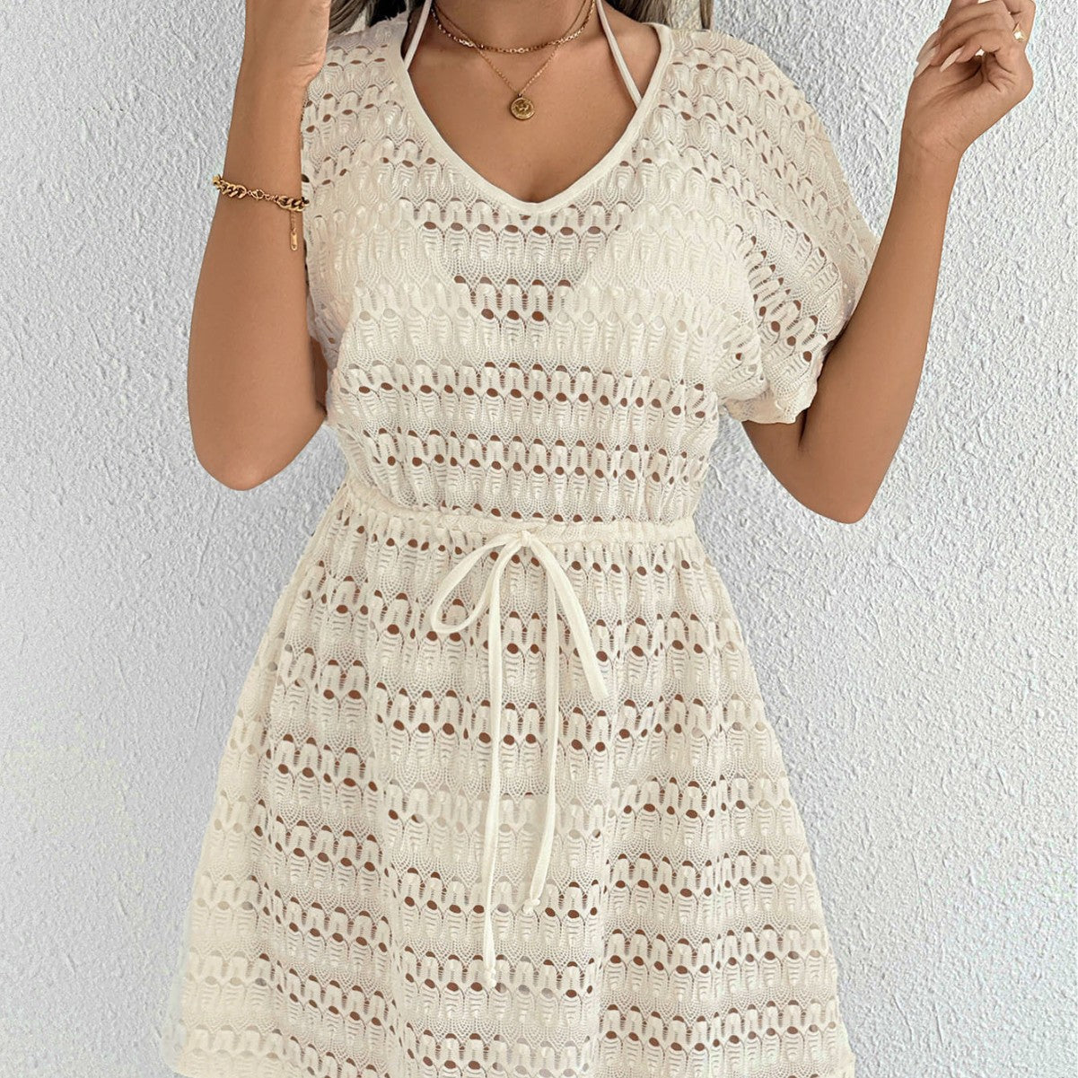 V Neck Lace Crochet Tie Waist Beach Cover Up Dress