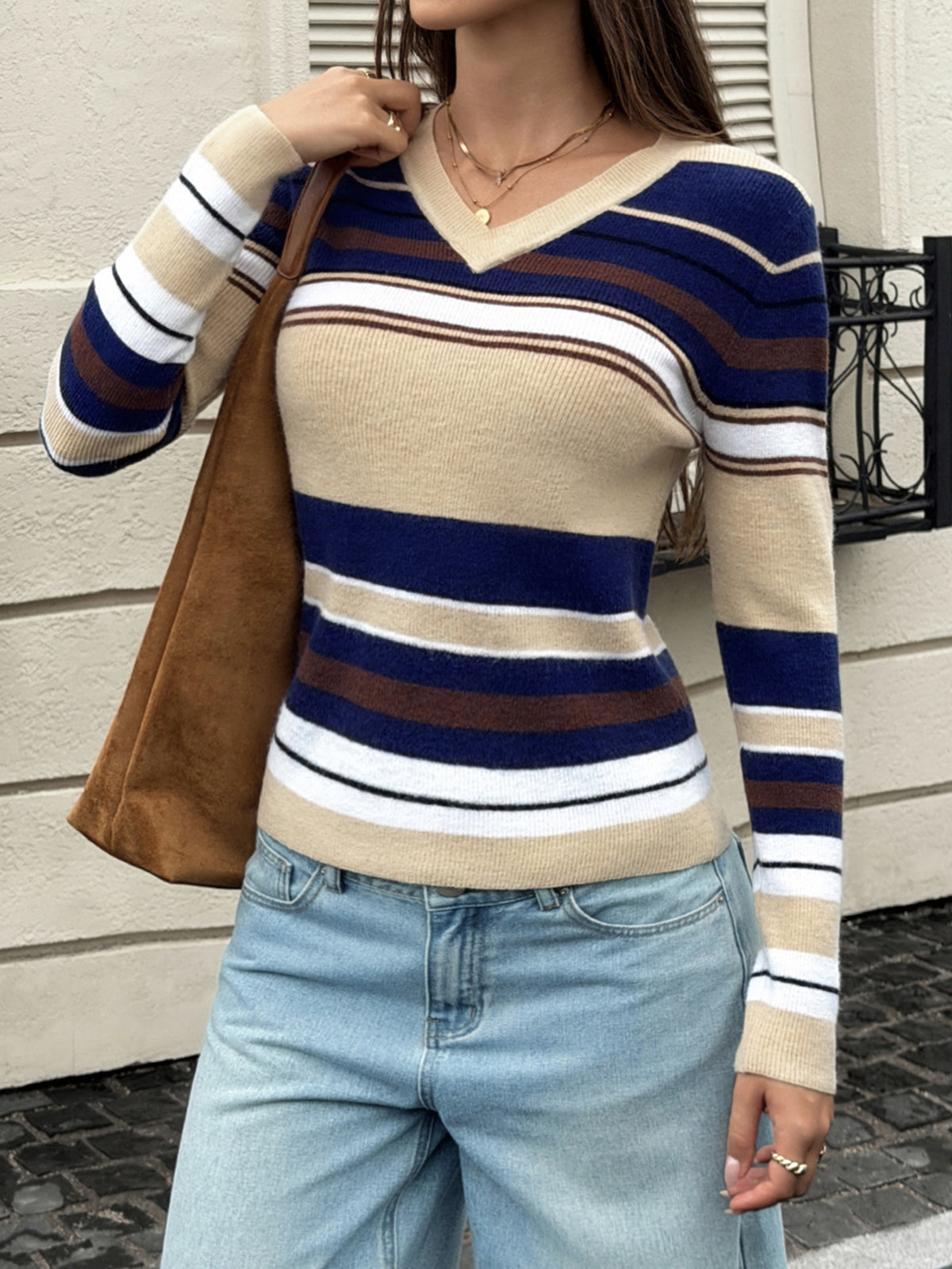 Women's Vintage Striped V-Neck Fitted Sweater
