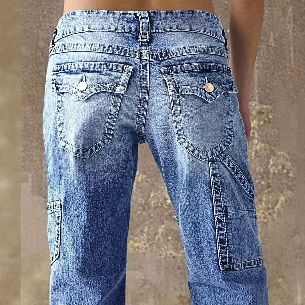 Washed Cargo Straight Leg Denim Jeans