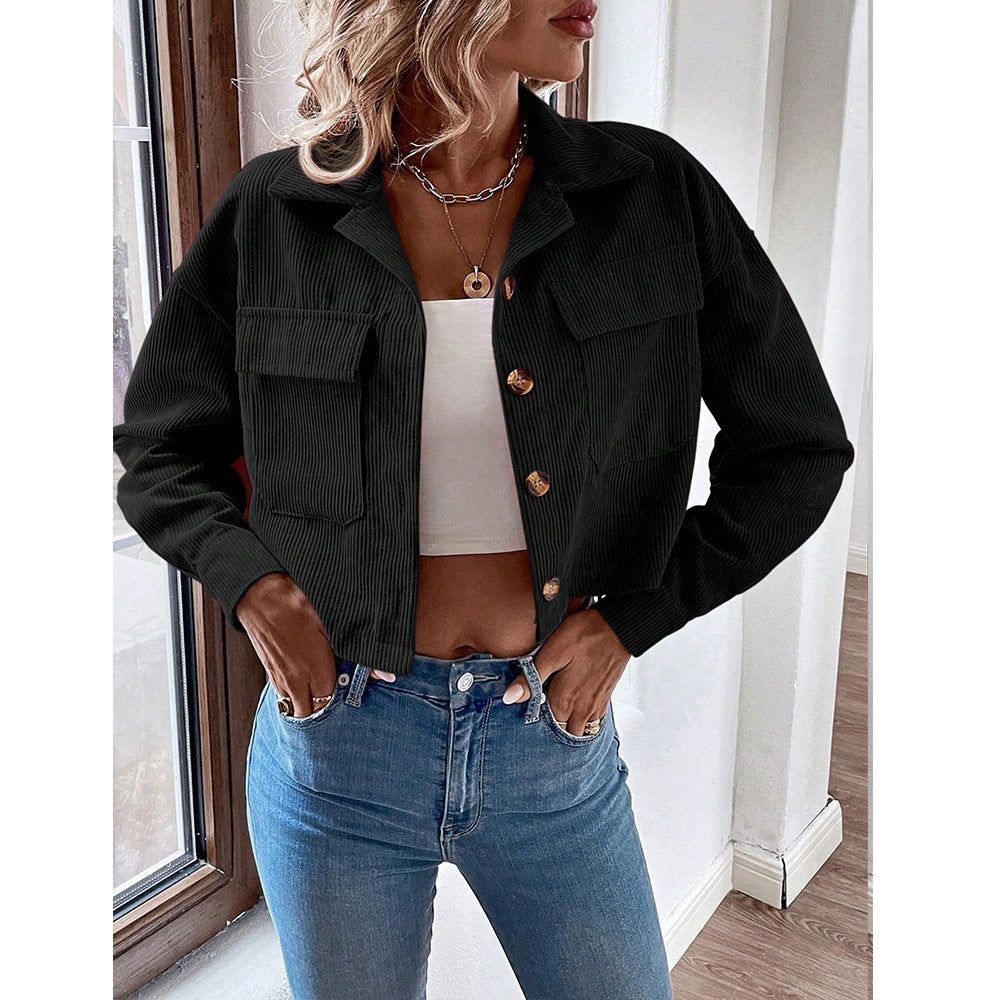 Women Corduroy Cropped Shacket Button Up Jacket