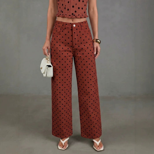 Polka Dot Denim Jeans Vintage High Waist Wide Leg