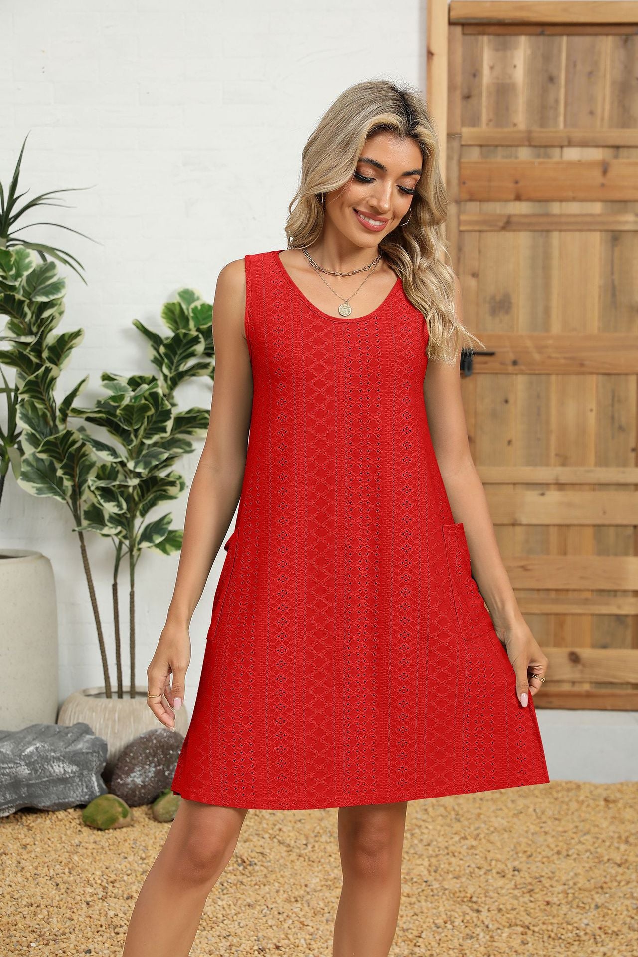 Solid Color Round Neck Tank Dress with Side Pockets