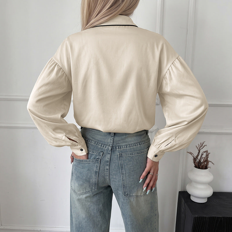 Women's Balloon Sleeve Contrast Trim Button Down Blouse