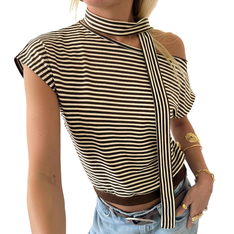 Striped One Shoulder Choker Neck Crop Tee Top