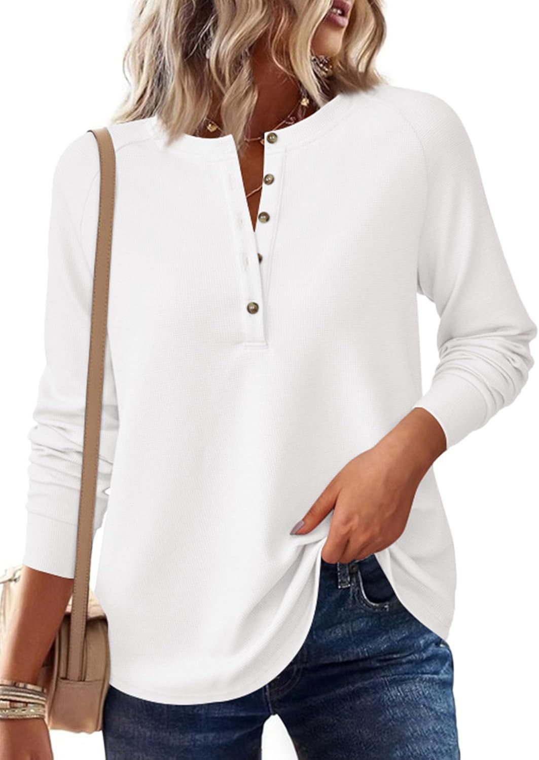 Henley Button Front Waffle Knit Long Sleeve Top
