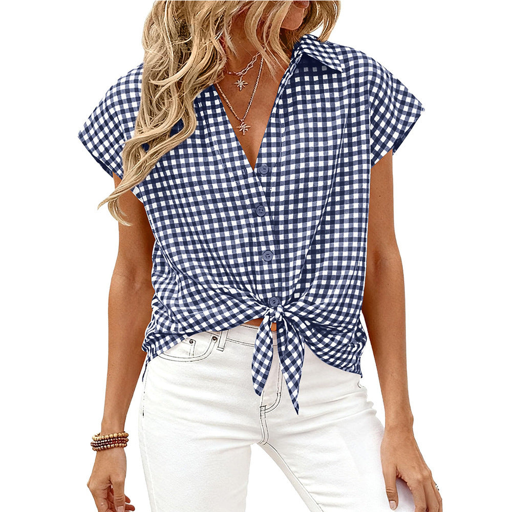 Women Gingham Button Down Summer Top Loose Fit Blouse