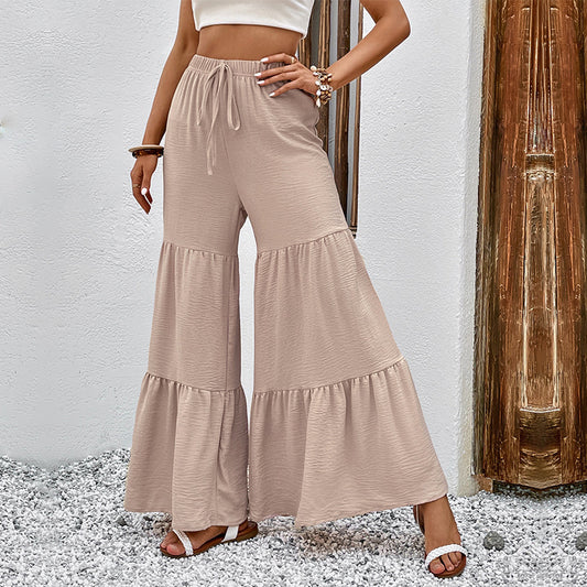 Beige Wide Leg Elastic Waist Boho Flowy Trousers