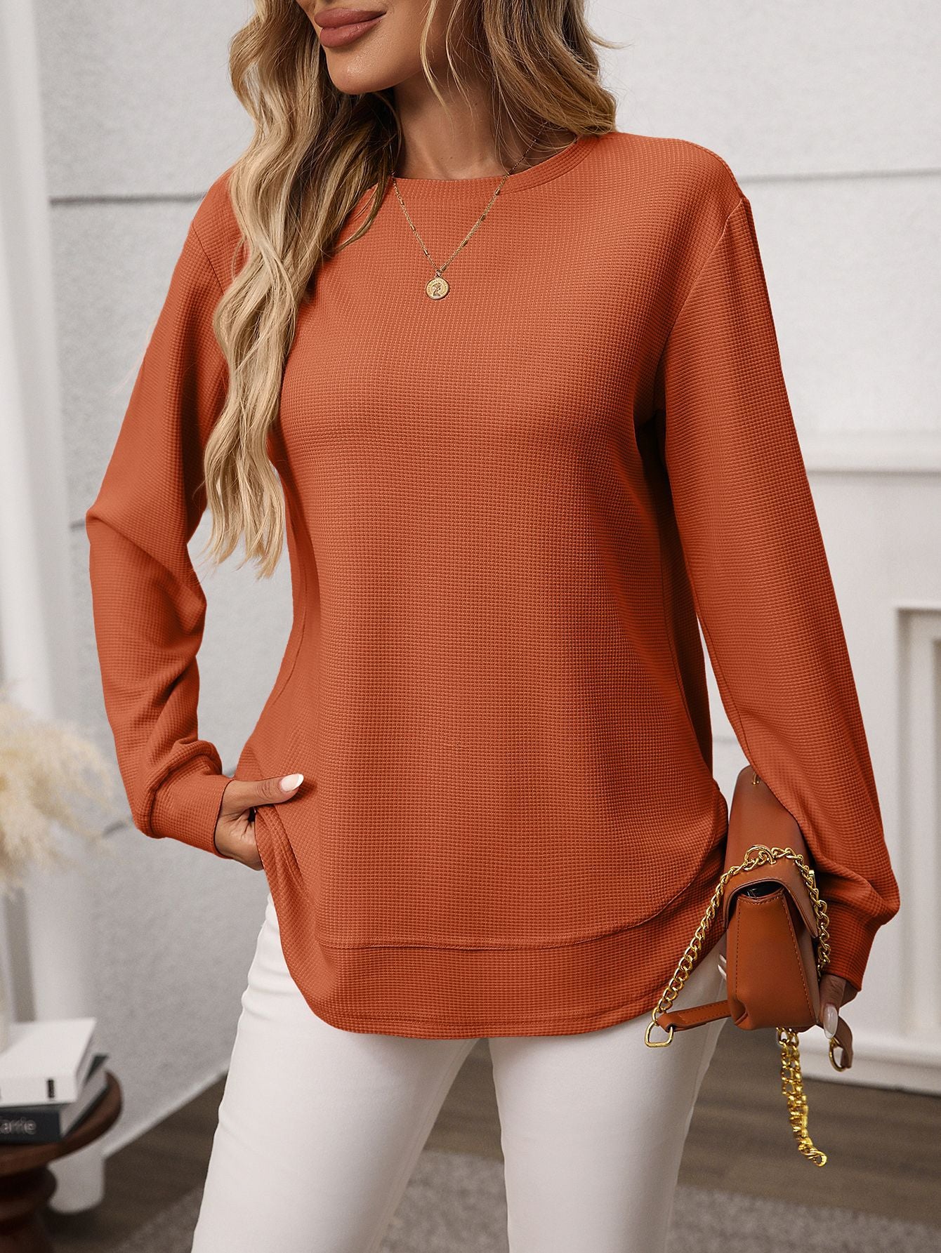 Waffle Knit Long Sleeve Top Relaxed Fit Casual Pullover