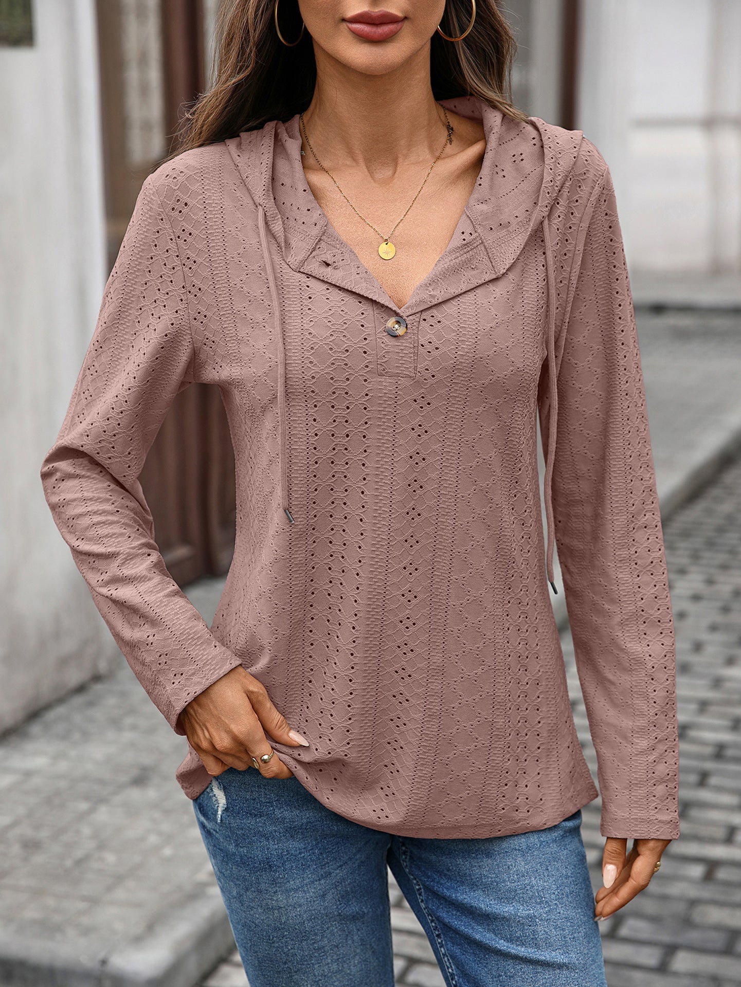 Eyelet Knit Hooded Tunic | Lightweight Button-Front Pullover