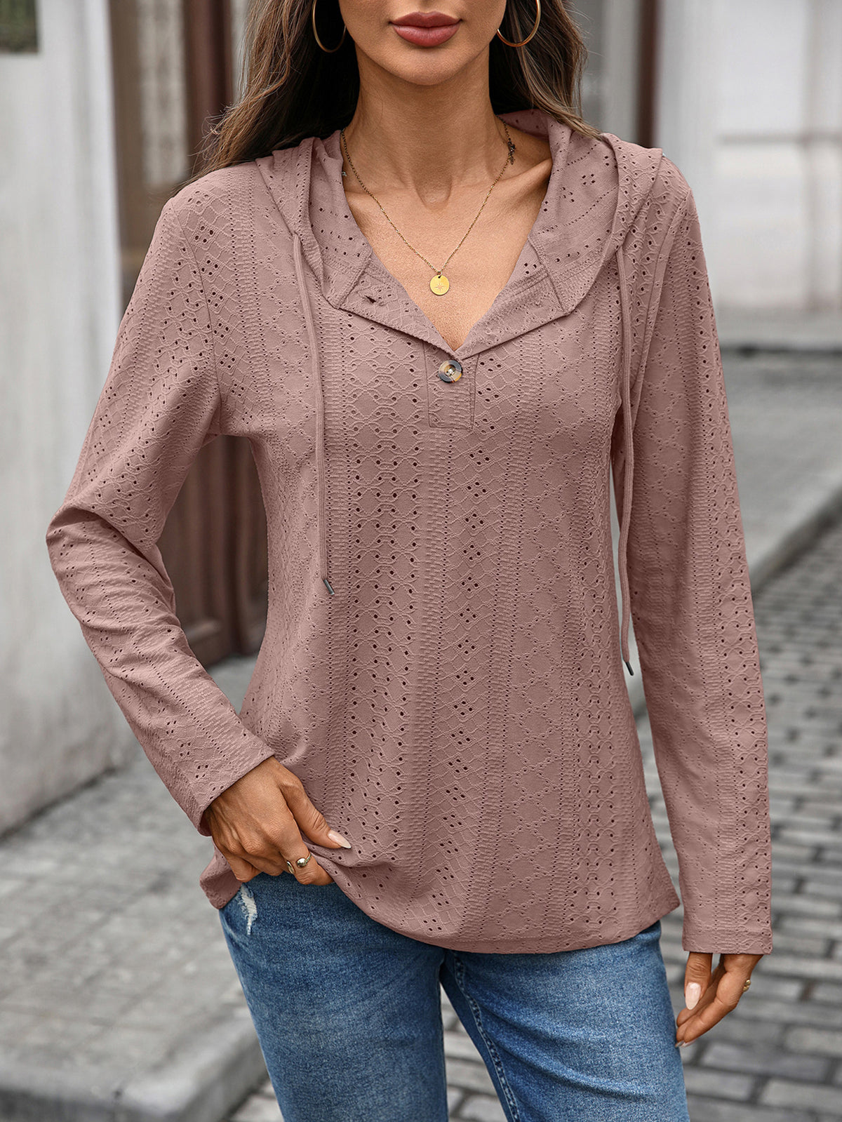 Women's Eyelet Hooded Henley Long Sleeve Loose Tunic Top