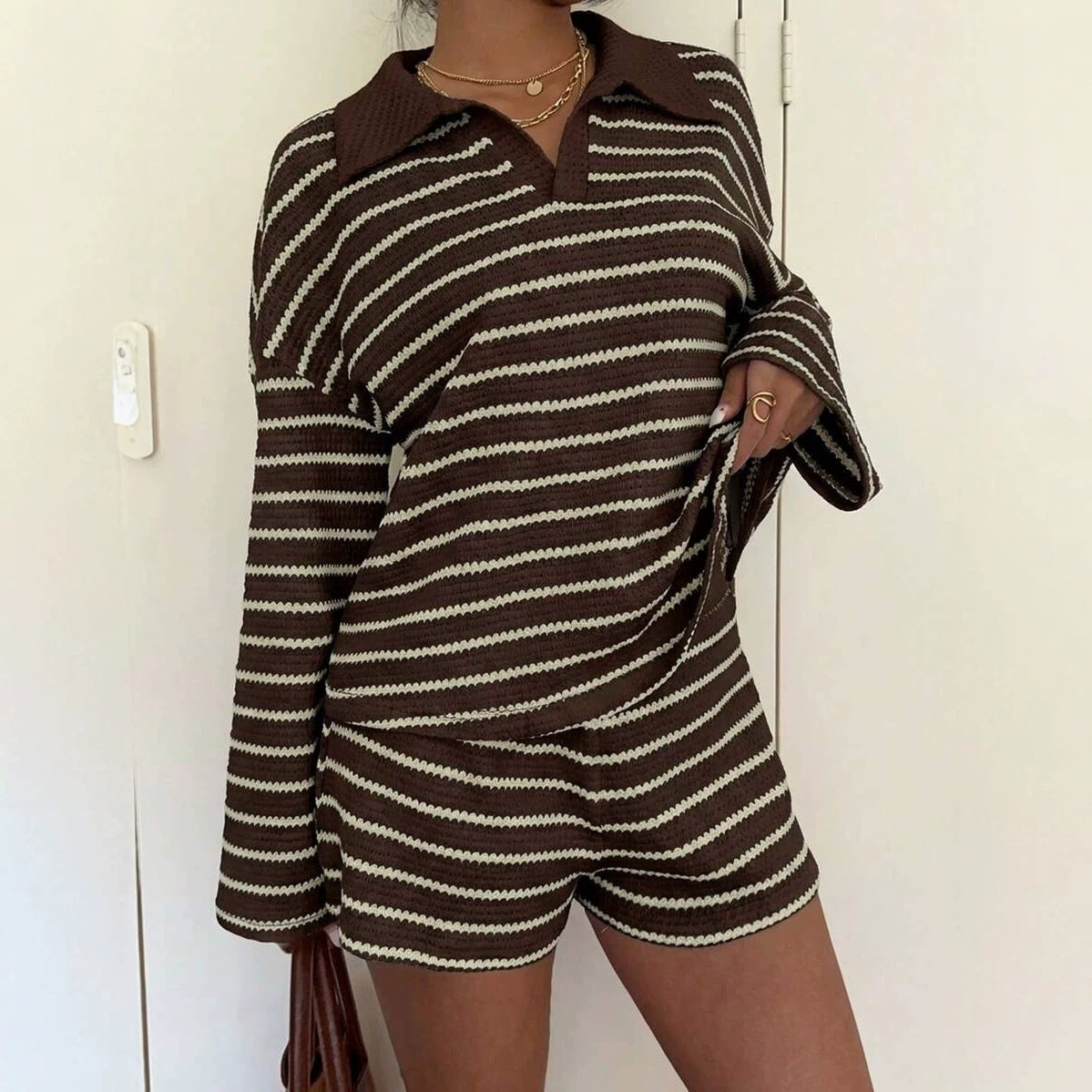 Striped Polo Lounge Set Resort Textured Collared Oversized