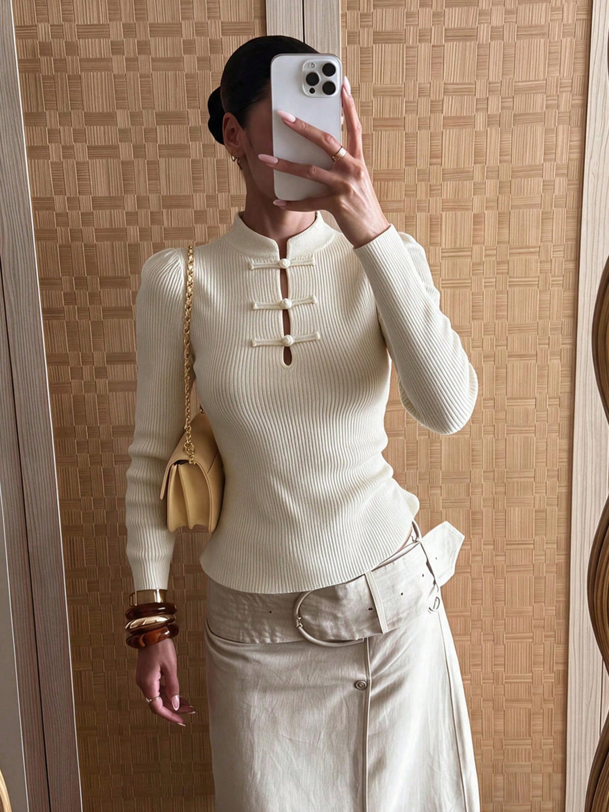 Women's Ribbed Mock Neck Frog Button Fitted Sweater Top