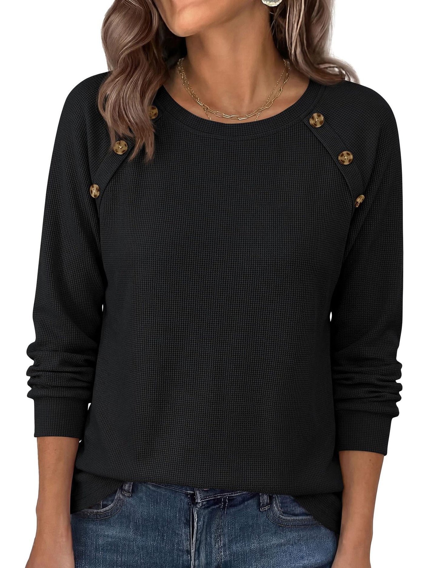 Waffle Knit Button Detail Top Long Sleeve Casual Pullover