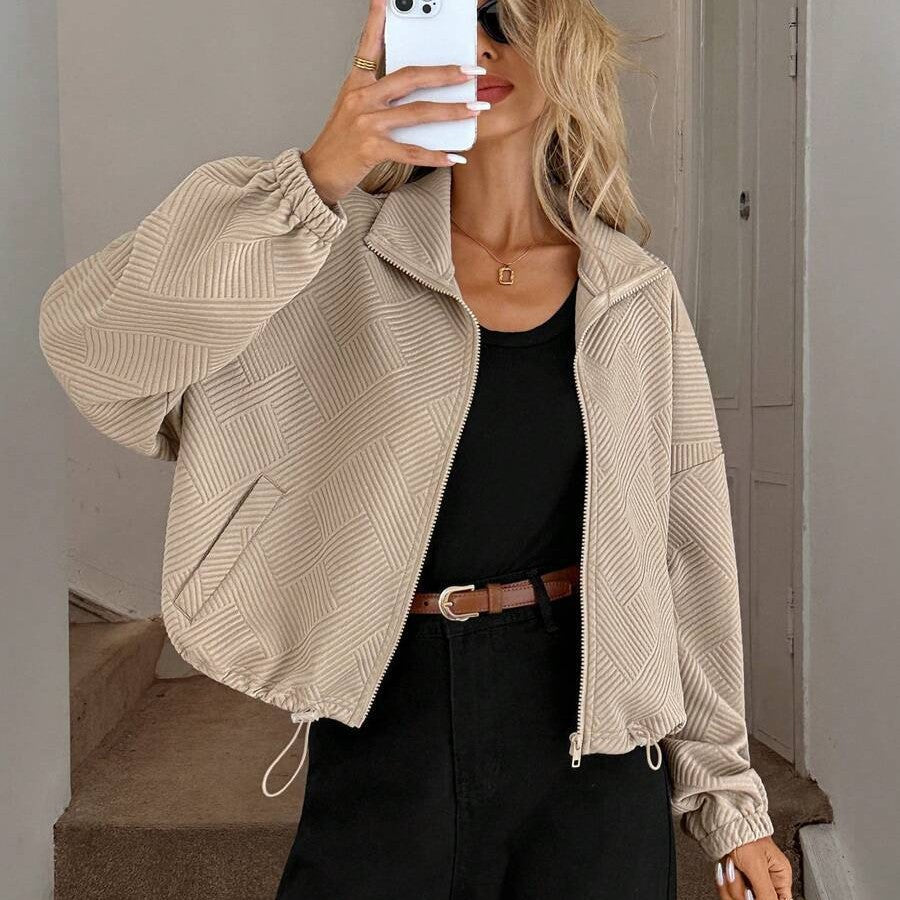 Textured Polyester Jacket Casual Bomber Oversized Zip Up