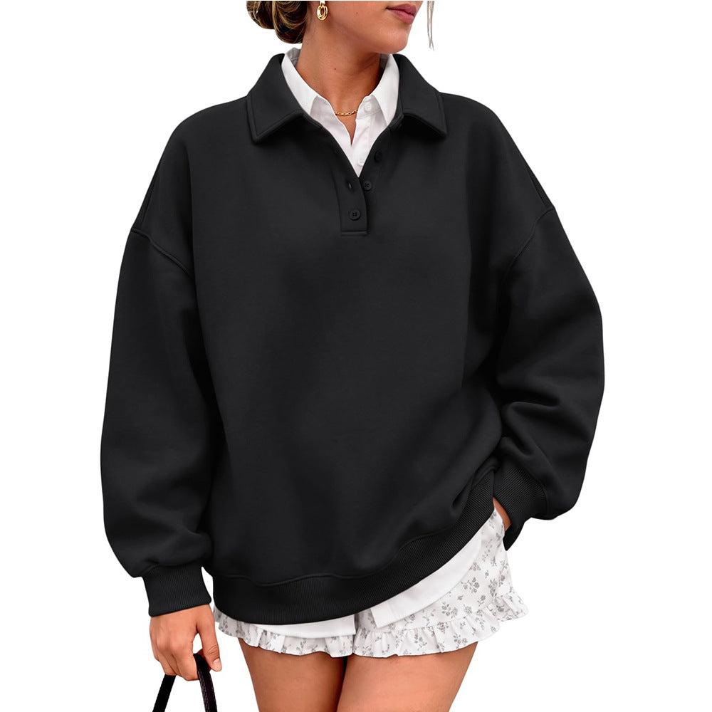 Polo Collar Fleece Pullover Oversized Casual Sweatshirt