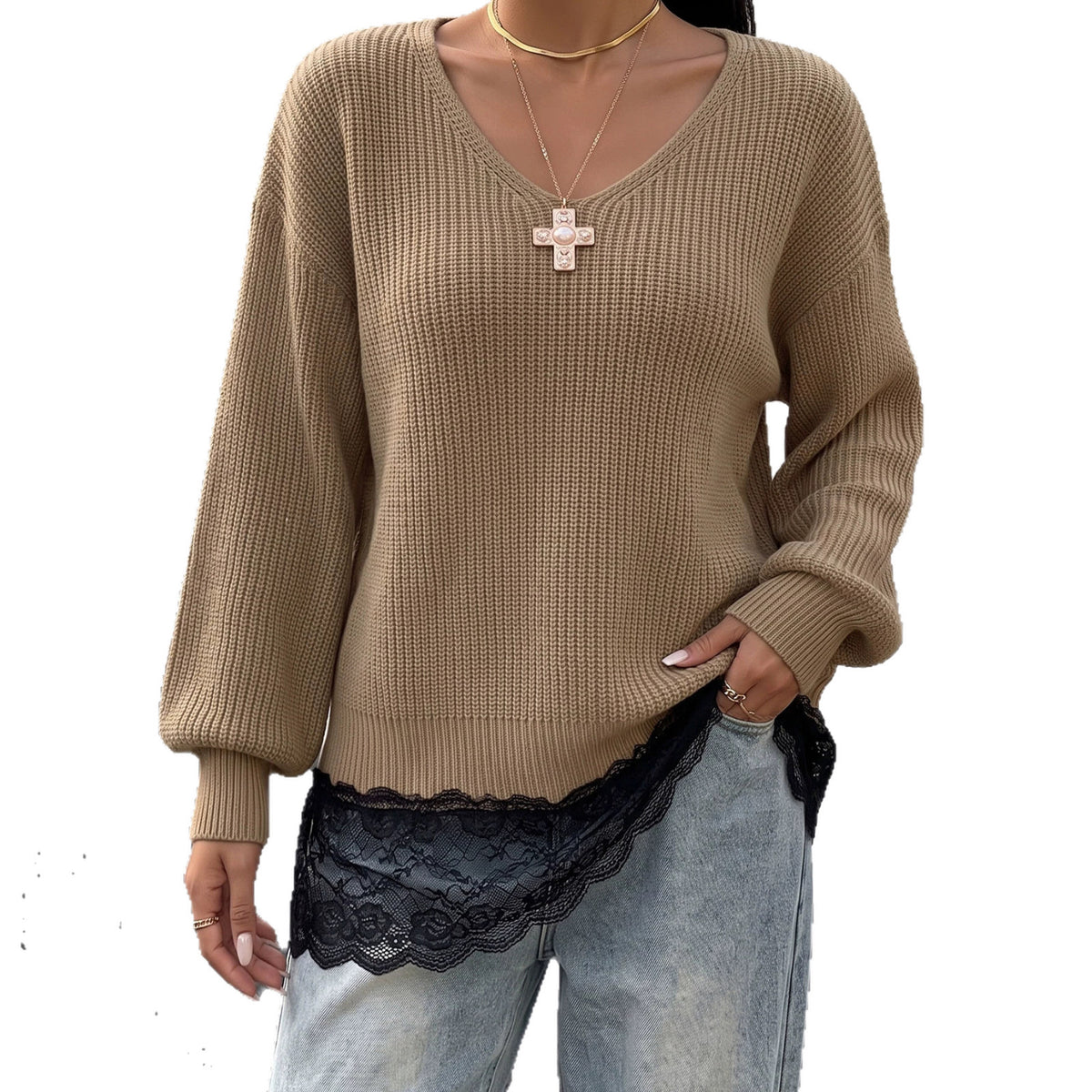 Women's Oversized Lace Trim Sweater V-Neck Lantern Sleeve