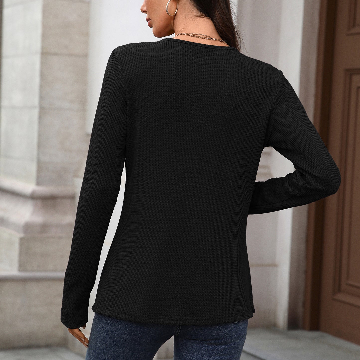 Pure Color Button Neck Hoodie Pullover | Casual Long Sleeve Top