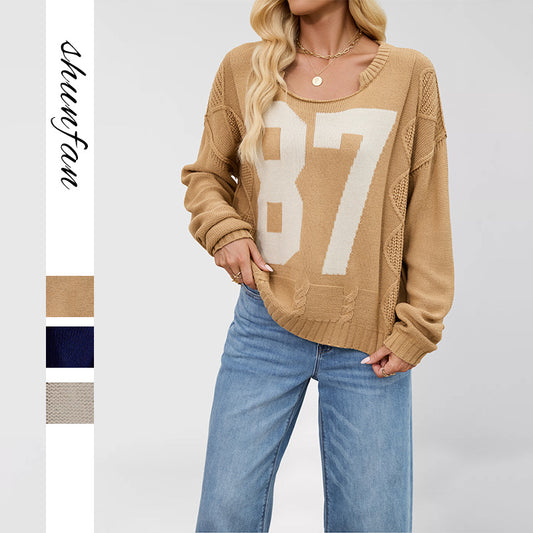 Casual Colorblock Knit Sweater with Number Print