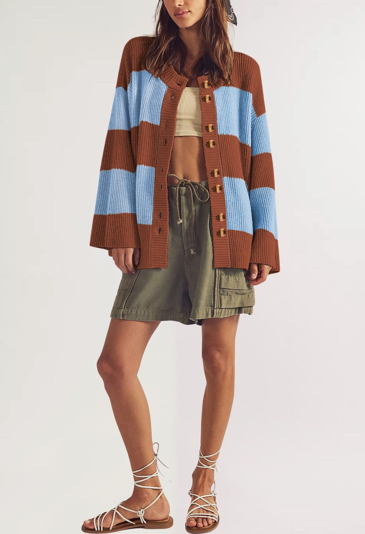 Women's Oversized Color Block Striped Cardigan Sweater