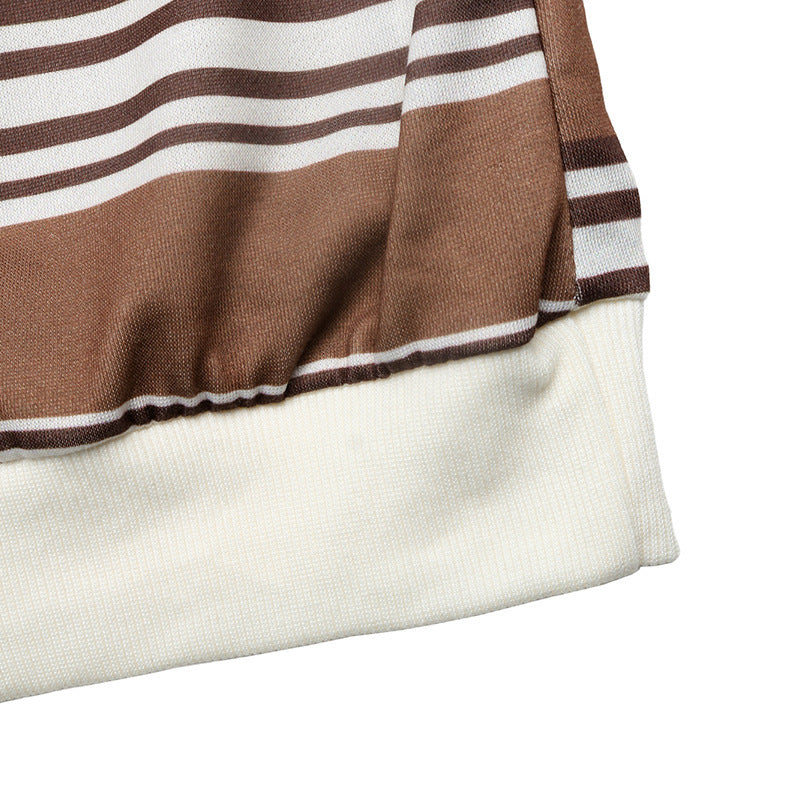 Striped Polo Neck Pullover Top Relaxed Fit Long Sleeve
