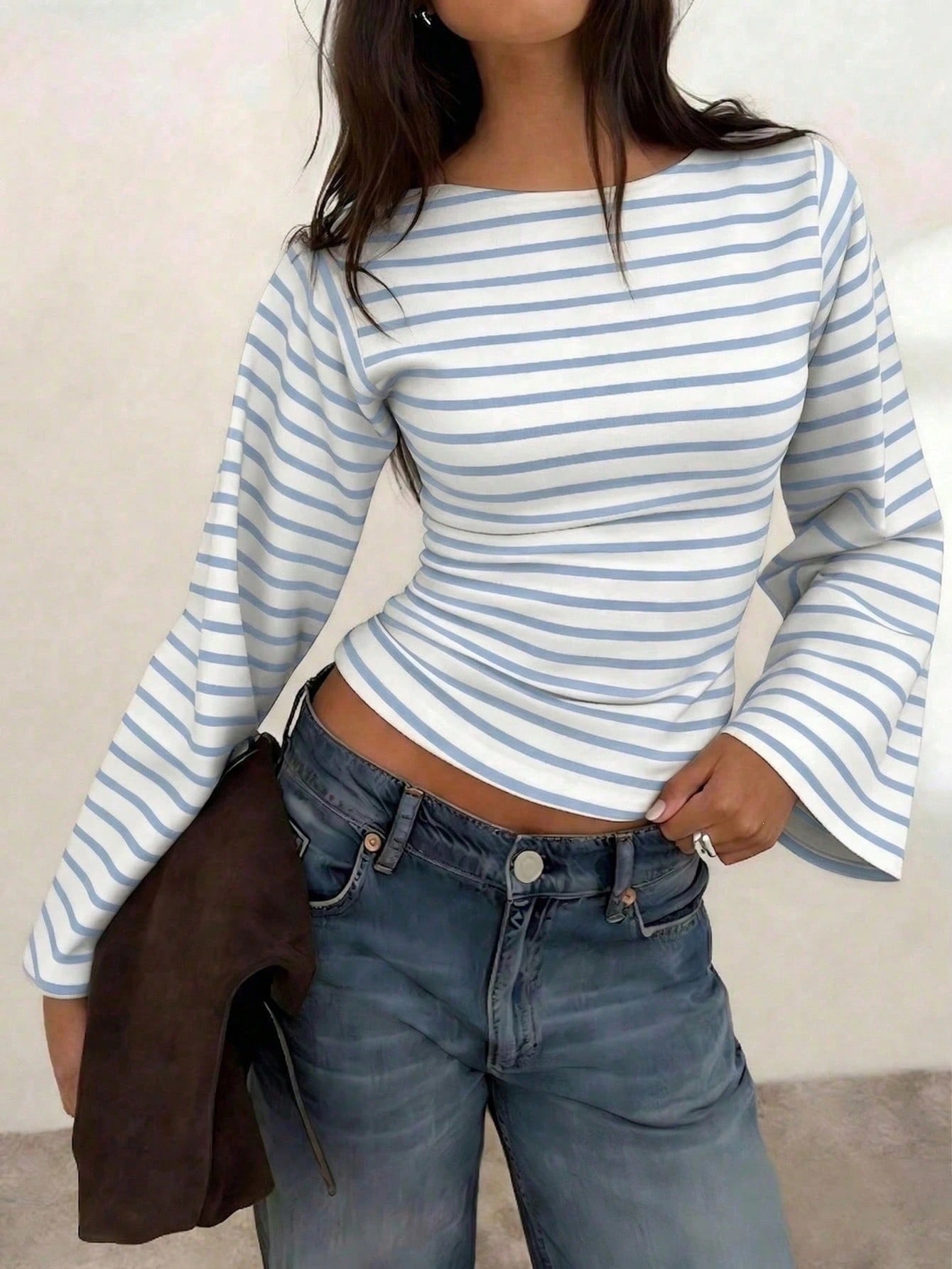 Women's Y2K Striped Bell Sleeve Fitted Crop Top Casual Tee