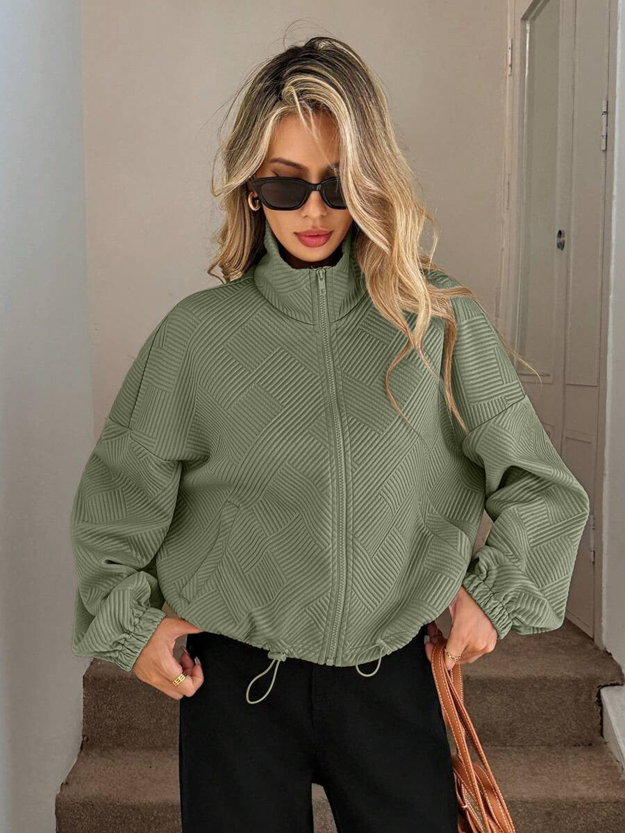 Textured Polyester Jacket Casual Bomber Oversized Zip Up