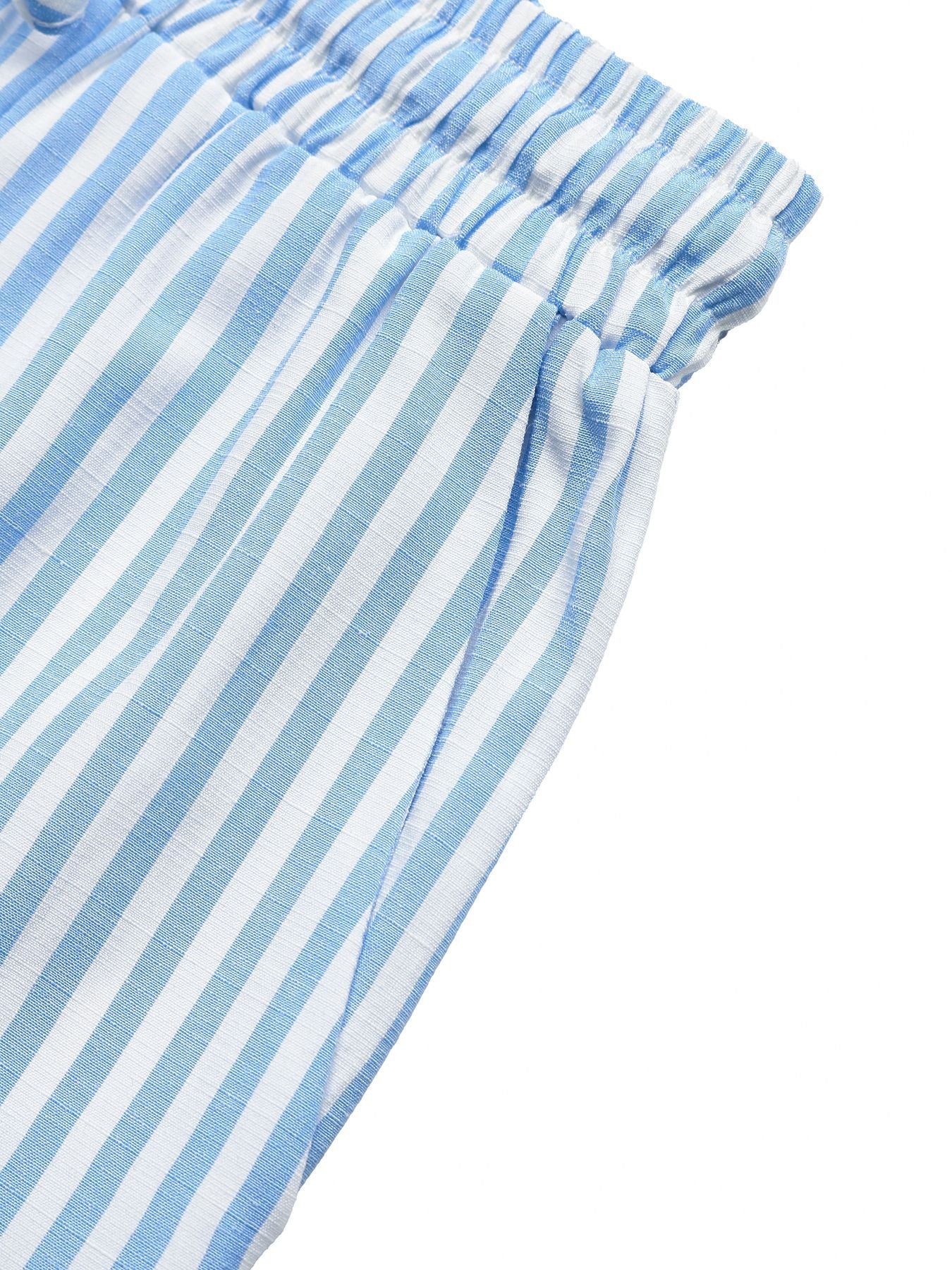 Striped V-Neck Summer Bow Top & Shorts Set Lounge Outfit