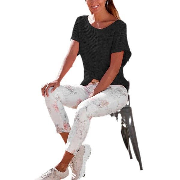 Summer Knit Top for Women Loose Casual Short Sleeve Tee