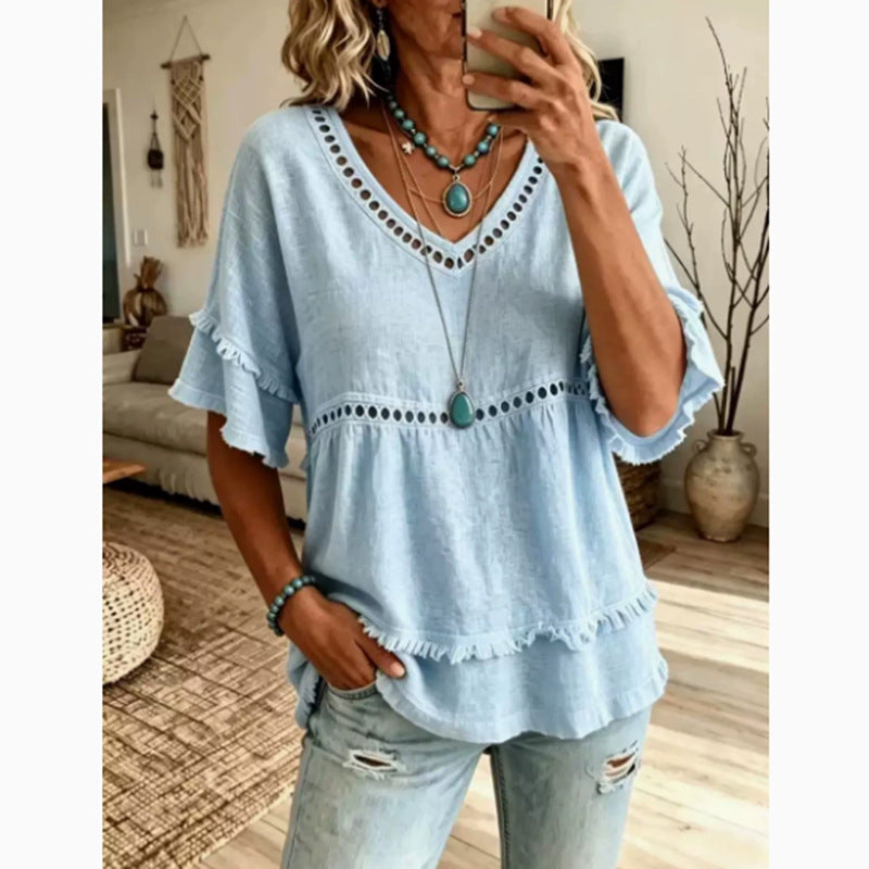Eyelet Trim Linen V Neck Ruffle Sleeve Blouse