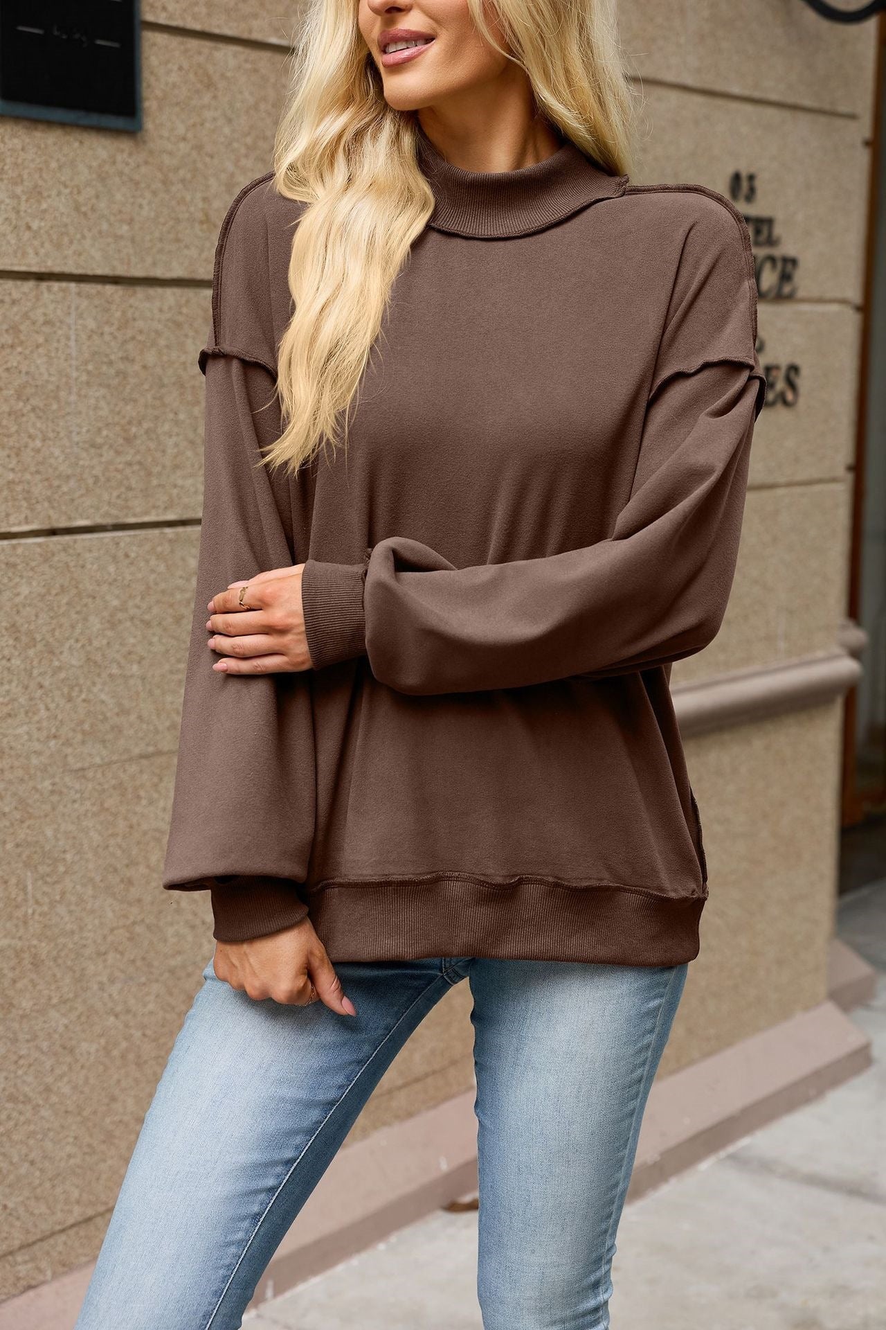 Mock Neck Exposed Seam Oversized Sweatshirt