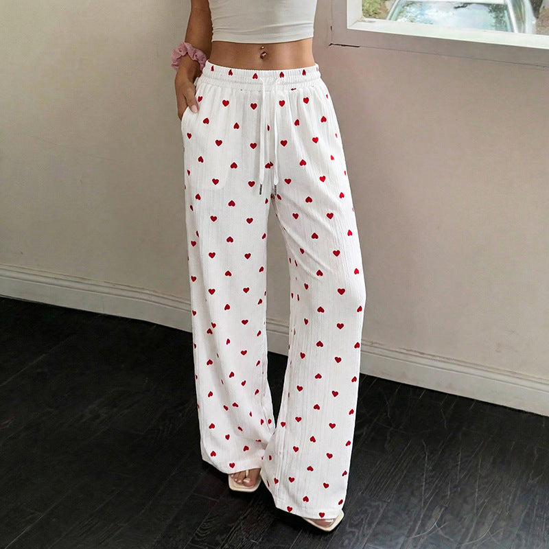 Heart Print Wide Leg Lounge Pants Casual Summer Drawstring