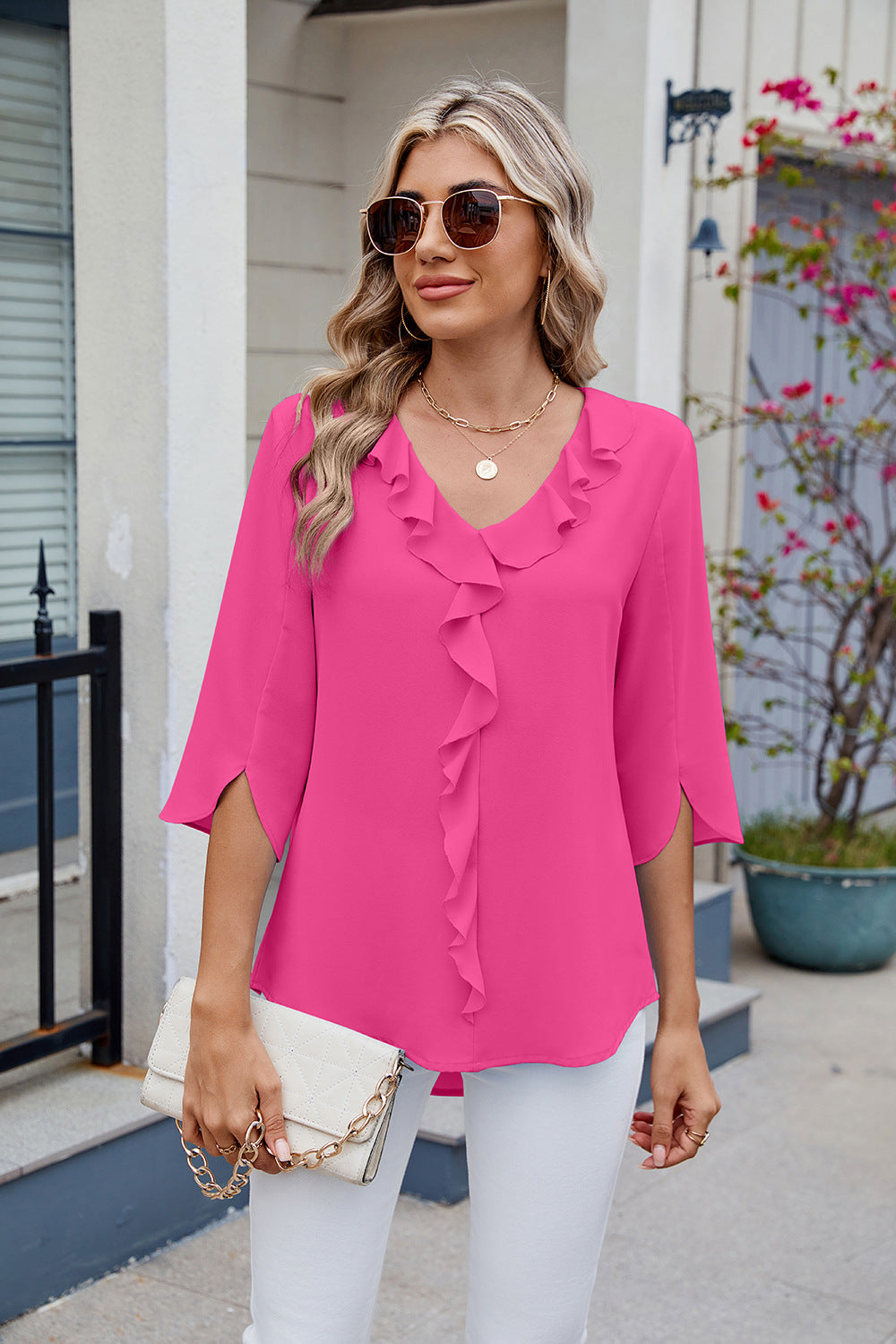 V-Neck Ruffle Mid-Sleeve Chiffon Shirt