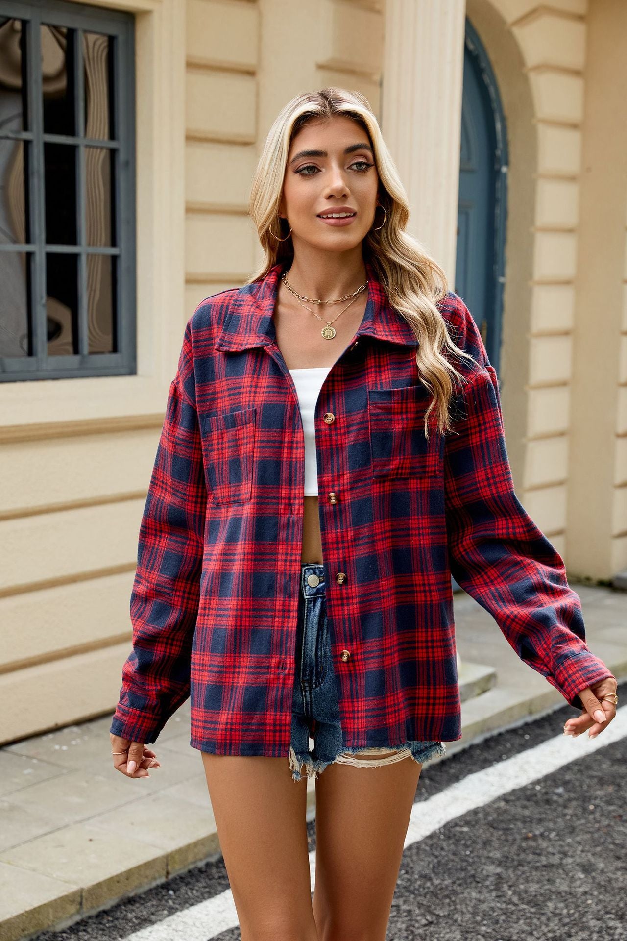 Long Sleeve Pocket Button Plaid Shirt
